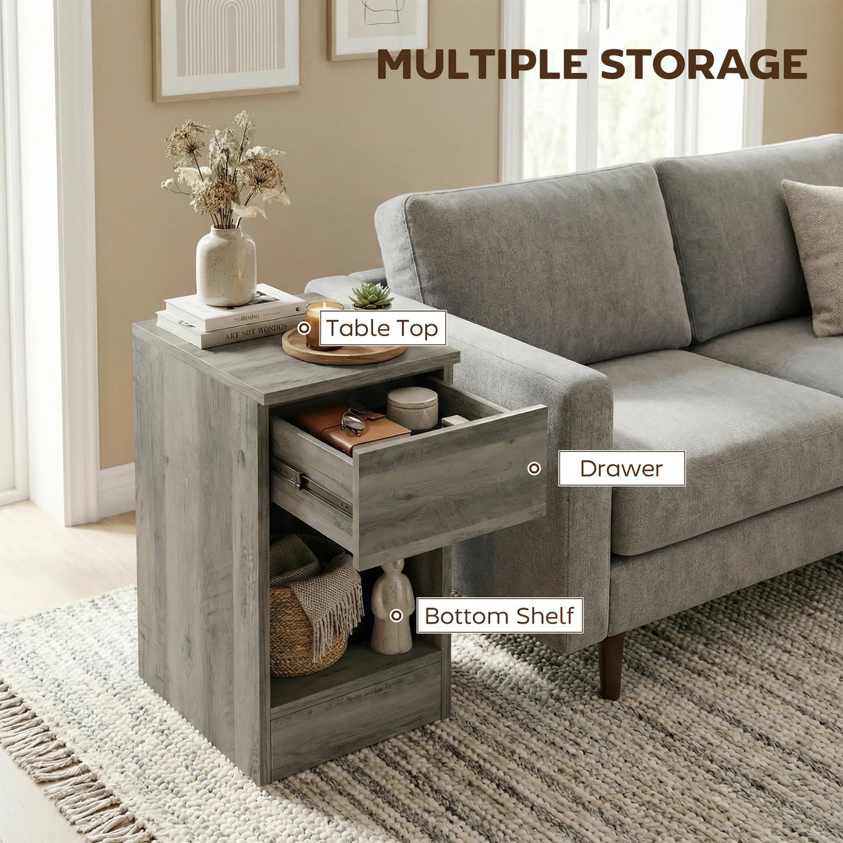 HOMCOM Set of Two Modern Storage Bedside Tables - Grey