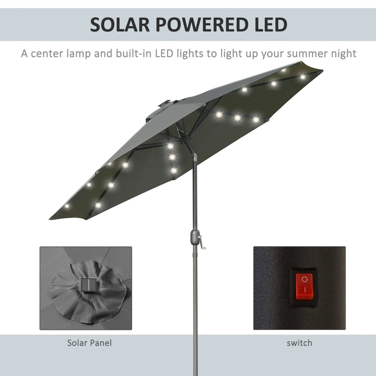 Outsunny 2.7m Patio Garden Umbrella Outdoor Parasol with Tilt Crank and 24 LEDs Lights (Grey)