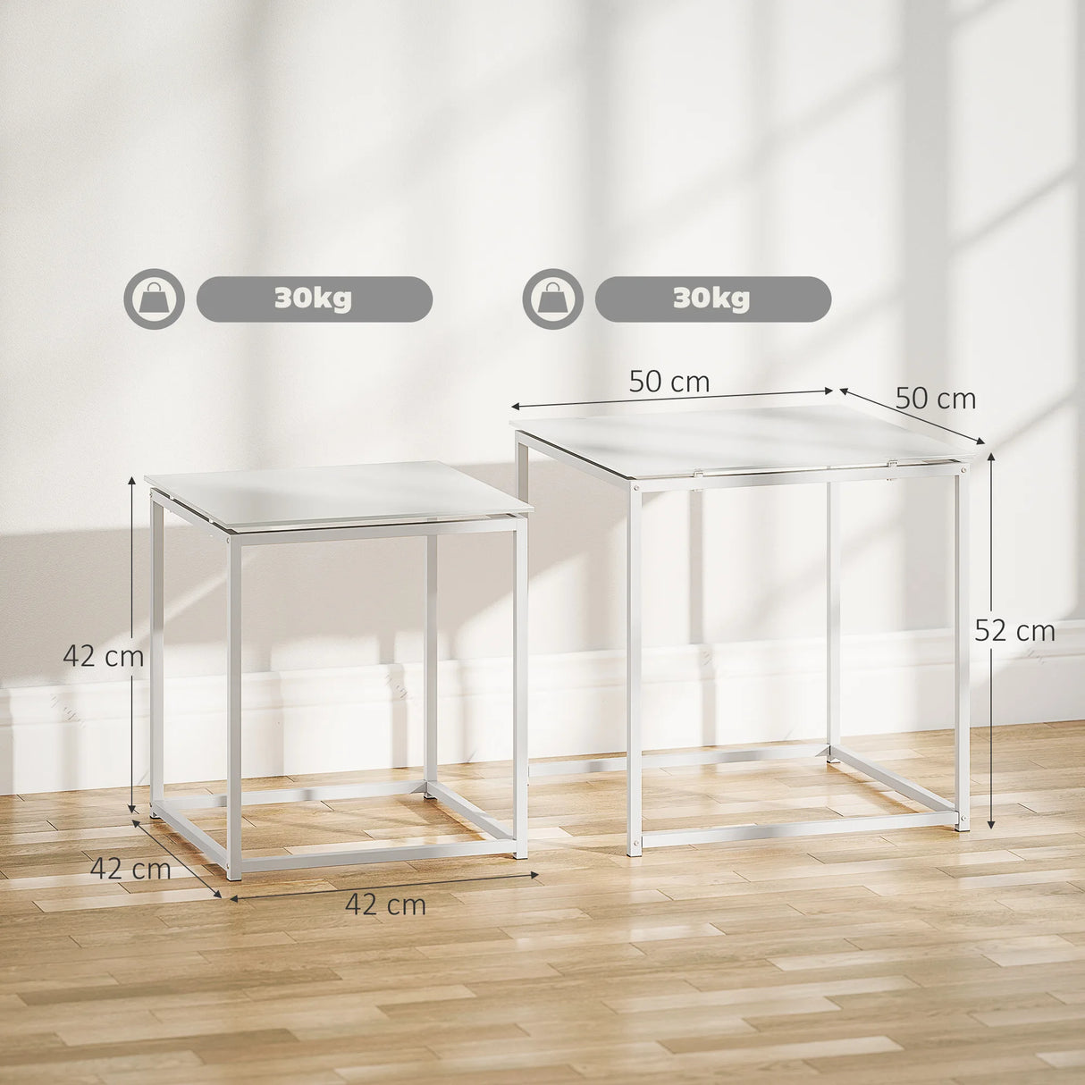 HOMCOM Nest of Tables, Set of 2 Coffee Table, Side Tables with Tempered Glass Desktop and Metal Frame for Living Room, Bedroom, Office, White