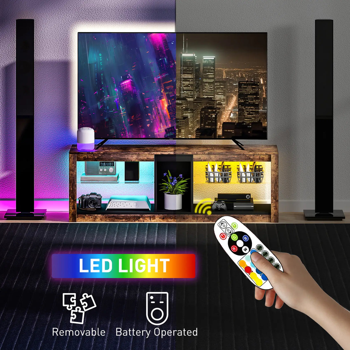 HOMCOM TV Stand Cabinet with LED Lights and Remote Control for TVs up to 65", Entertainment Centre with Storage Shelves and Compartment, Rustic Brown