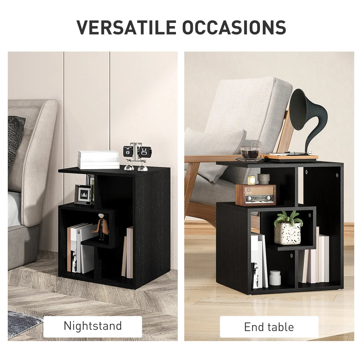 HOMCOM Side Table, 3 Tier End Table with Open Storage Shelves for Living Room, Bedroom, Black