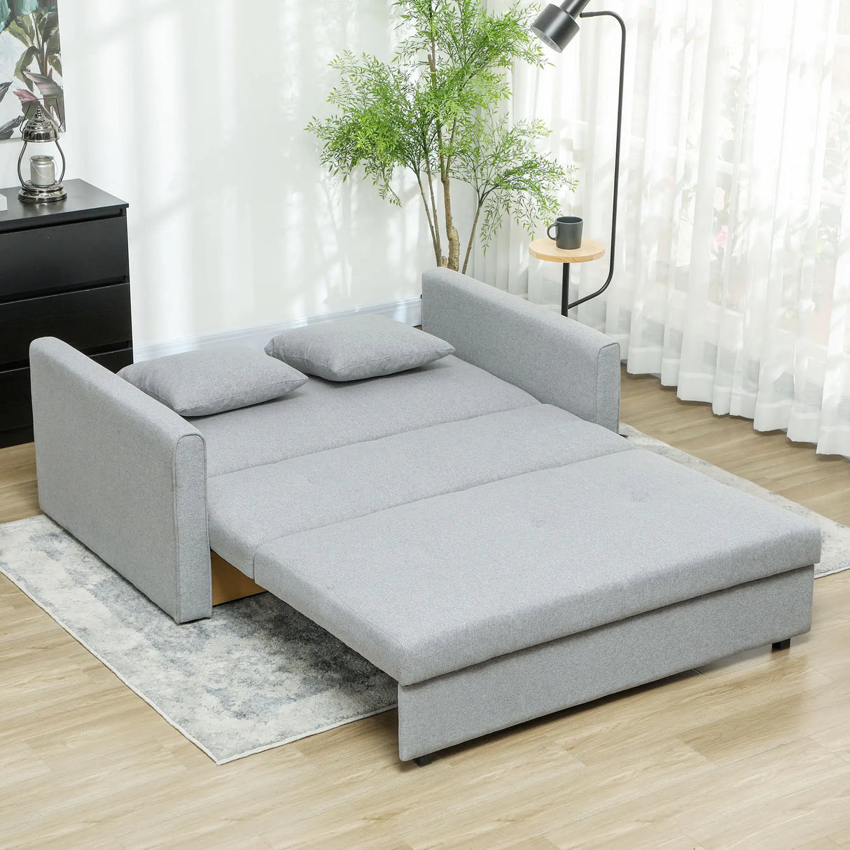 HOMCOM 2 Seater Sofa Bed with Hidden Storage, Pull Out Convertible Bed Settee, Modern Linen Loveseat Sofa Sleeper with 2 Cushions for Living Room, Guest Room, Light Grey