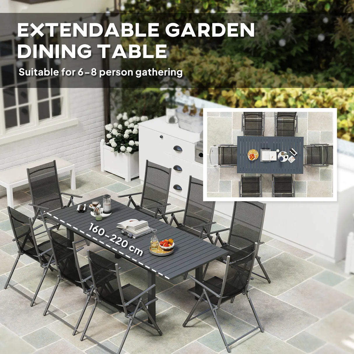 Outsunny Aluminium Extending Garden Table with Slatted Top for 6-8 Person, 160/220 x 90 x 73 cm, Grey