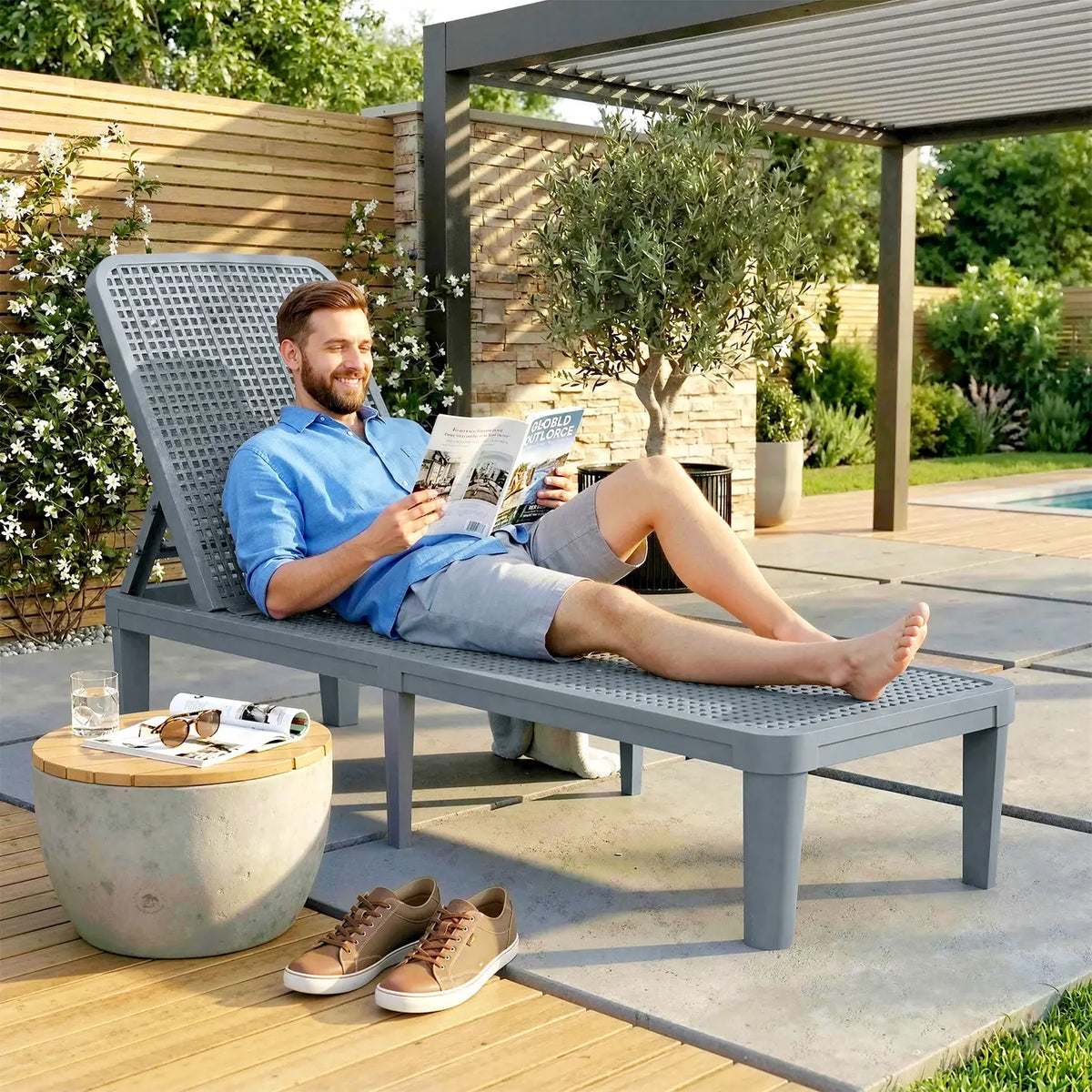 Outsunny Plastic Sun Lounger, 4-Position Adjustable Reclining Garden Lounger Sunbed for Patio, Beach, Terrace, Dark Grey