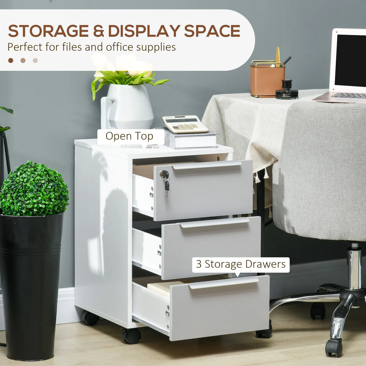 HOMCOM Three-Drawer Locking Filing Cabinet - Grey/White