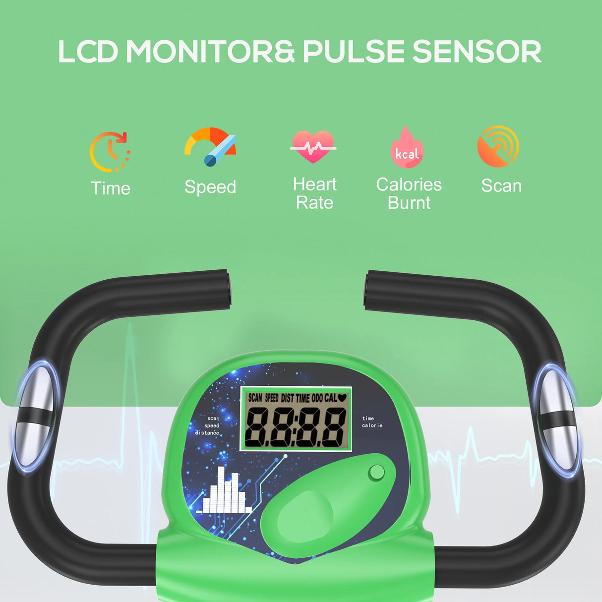 HOMCOM Folding Exercise Bike, Fitness Bicycle Indoor Trainer, 8-Level Magnetic Resistance Adjustable, with LCD Monitor, Pulse Sensor, Green