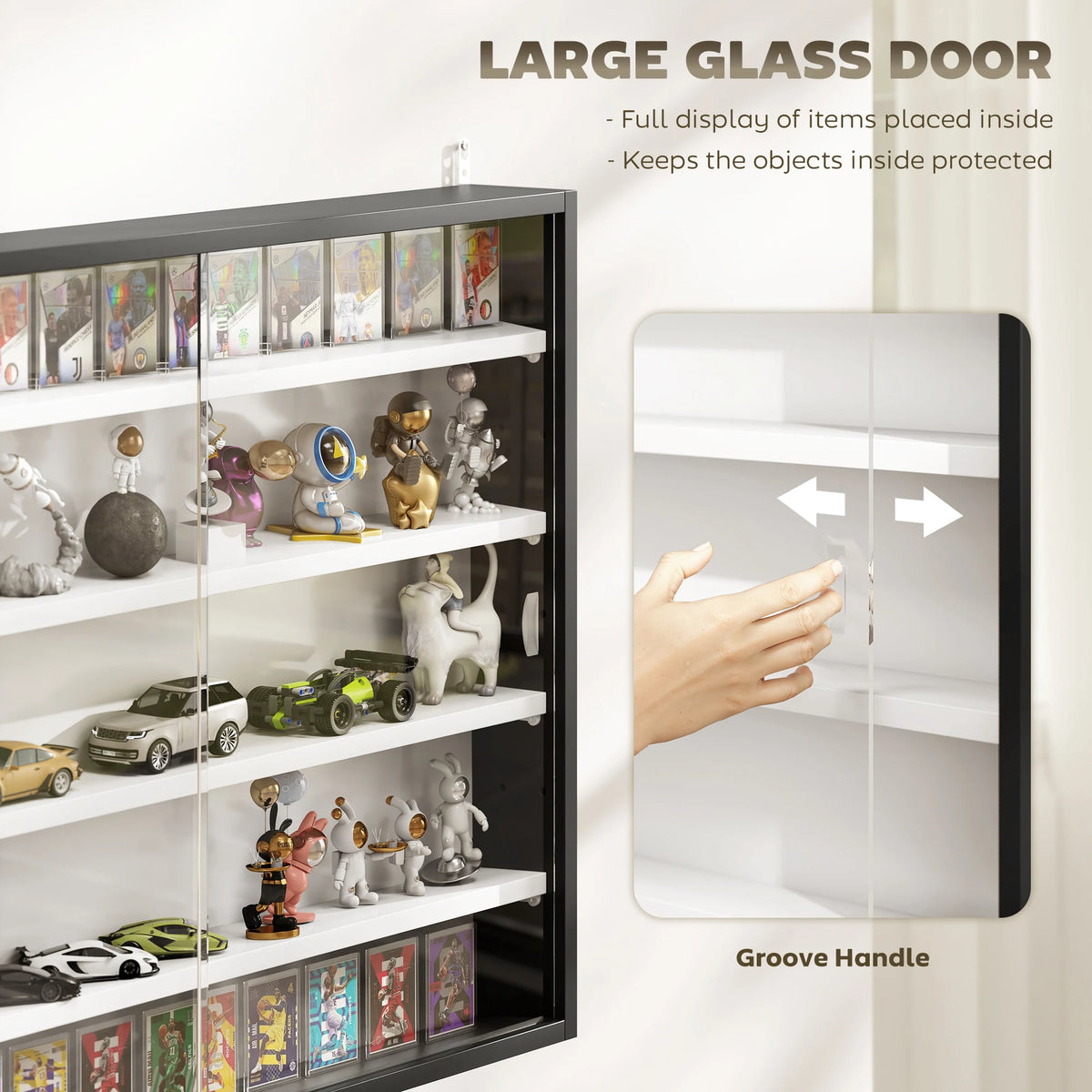 HOMCOM 5-Tier Wall Display Cabinet, Wall Mounted Display Case w/ 4 Adjustable Shelves, Glass Doors, 60x80cm, Black and White