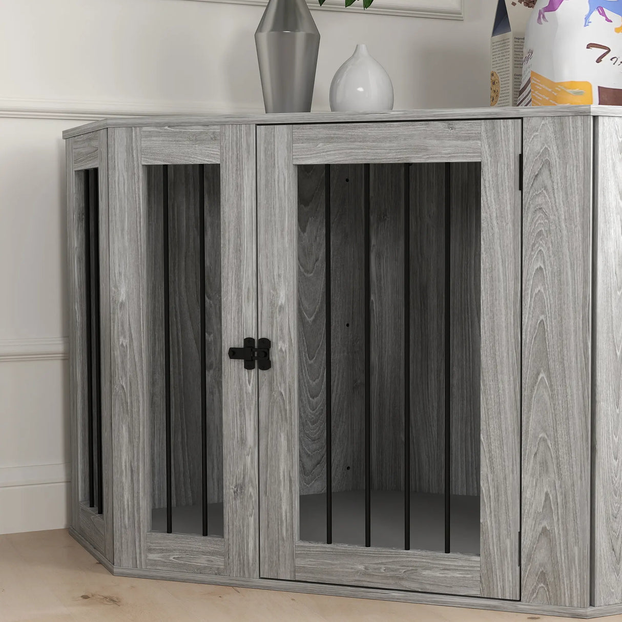 PawHut Dog Crate Furniture Side Table, with Cushion, 122 x 61 x 71cm - Grey