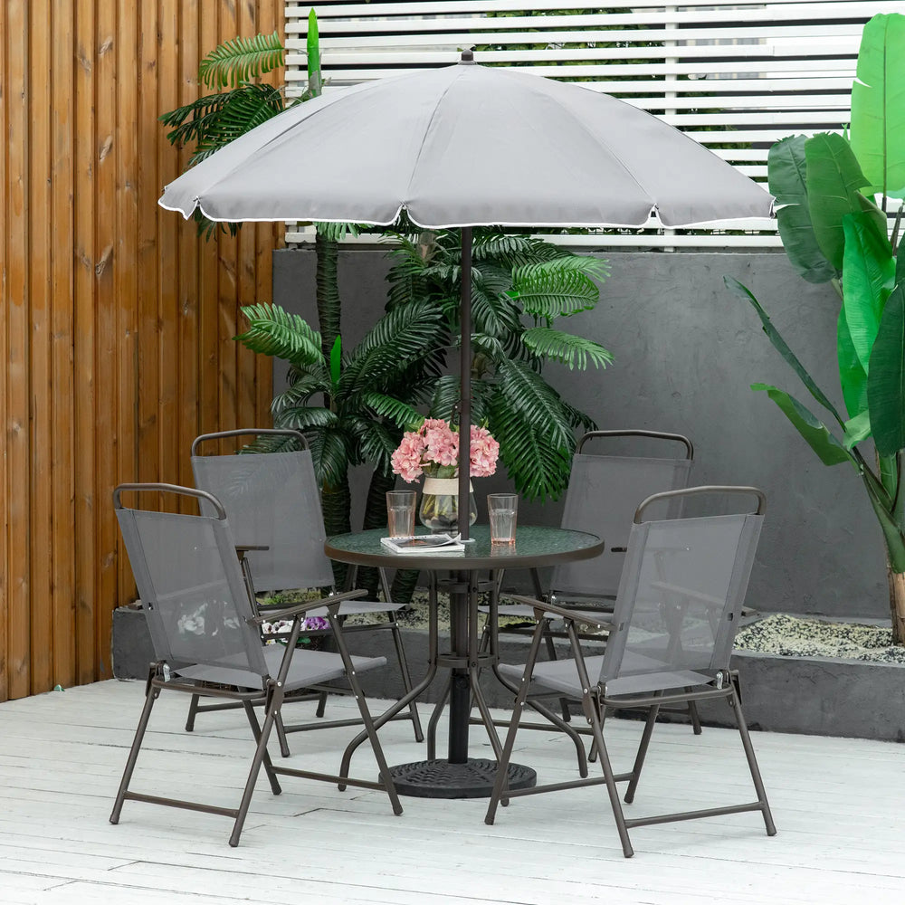 Outsunny 6 Piece Garden Dining Set with Umbrella, Outdoor Dining Sets with Parasol, 4 Folding Dining Chairs & Round Tempered Glass Table, Grey