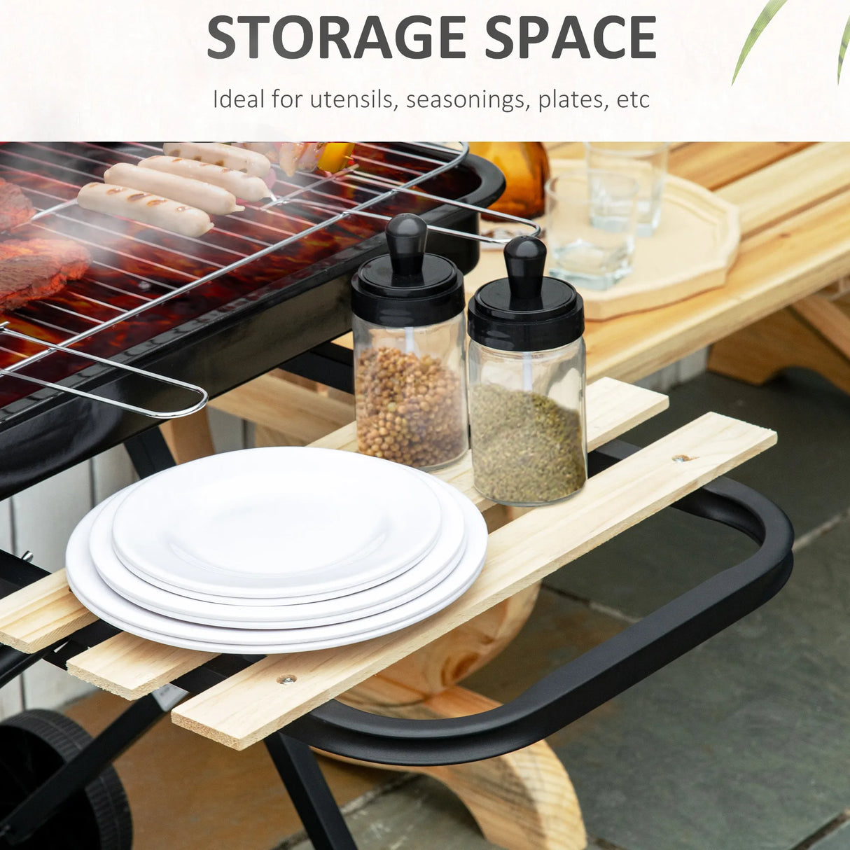 Outsunny Charcoal Trolley BBQ Barbecue Grill Patio Camping Picnic Garden Party Outdoor Cooking with Windshield and Wheels Side Trays, Black/Red