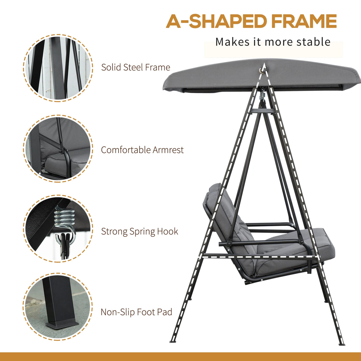 Outsunny 2 Seater Garden Swing Chair with Adjustable Tilting Canopy, Outdoor Hammock Bench with Steel Frame for Patio, Grey