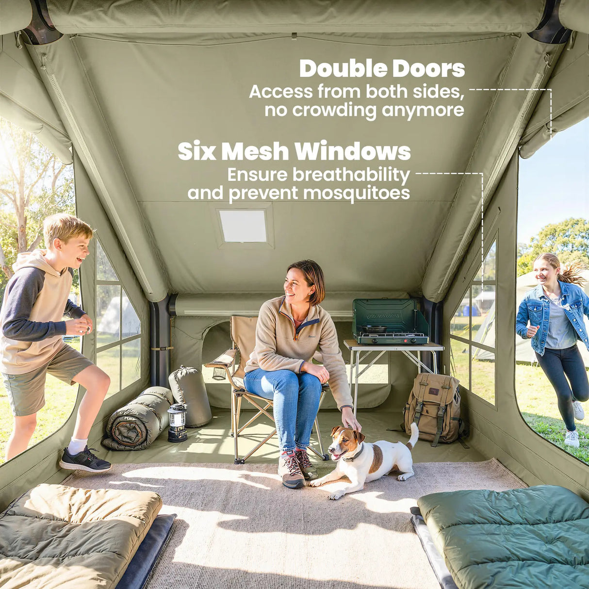 Outsunny Inflatable Camping Tent with Pump and Stove Jack Hole, Luxury Inflatable Tent with Mesh Windows, Doors, Olive Green