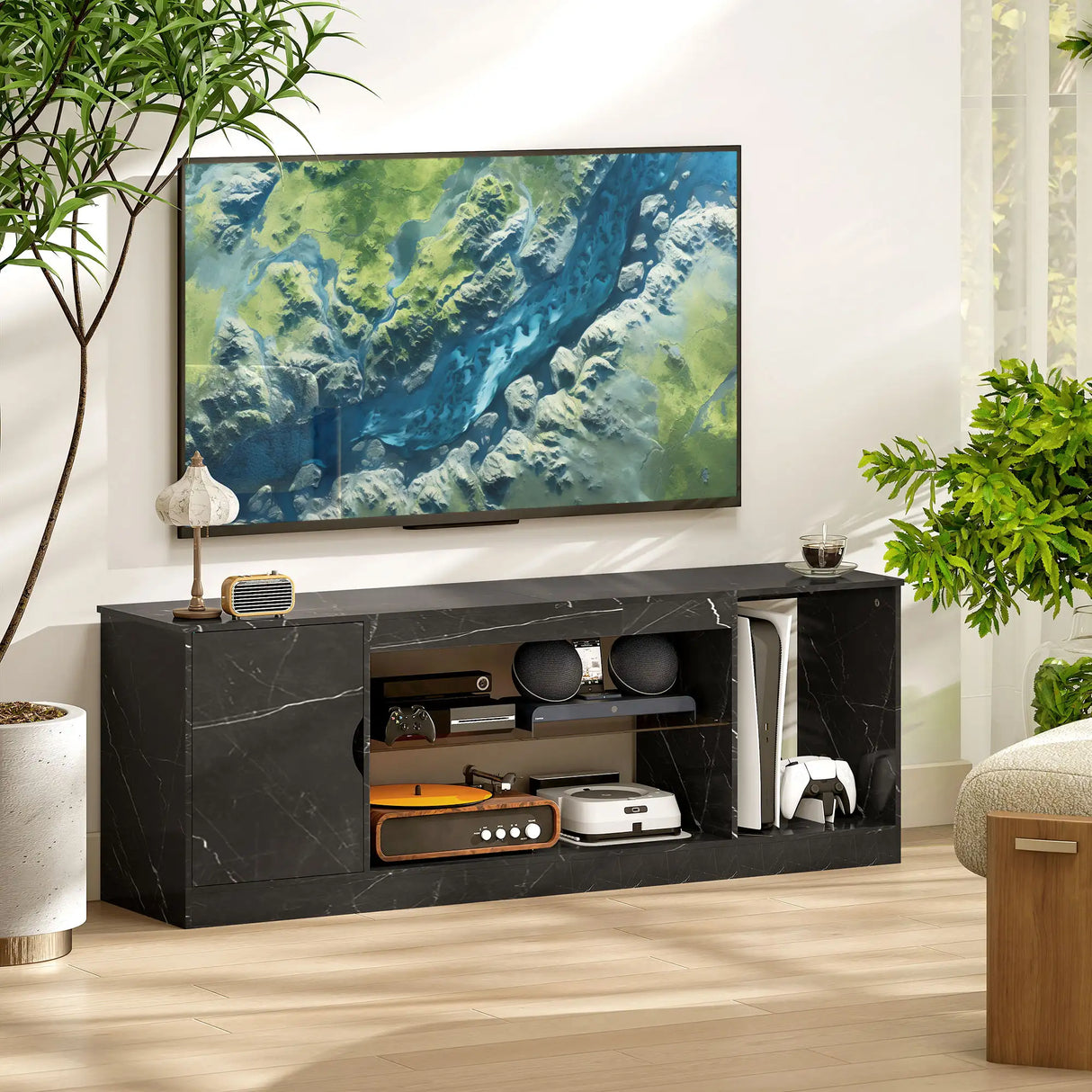 HOMCOM TV Stand Cabinet, Marble Effect TV Unit for up to 55" TVs with Glass Shelf and Storage Cabinet, Entertainment Unit for Living Room, Bedroom, Black