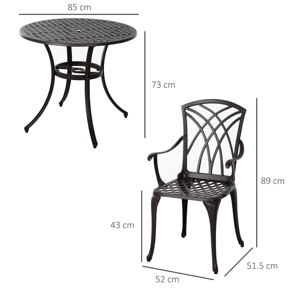 Outsunny 5 Pieces Garden Dining Set for 4, Cast Aluminium Outdoor Dining Set with 4 Armchairs and Round Dining Table with Parasol Hole, Garden Furniture Set, Brown