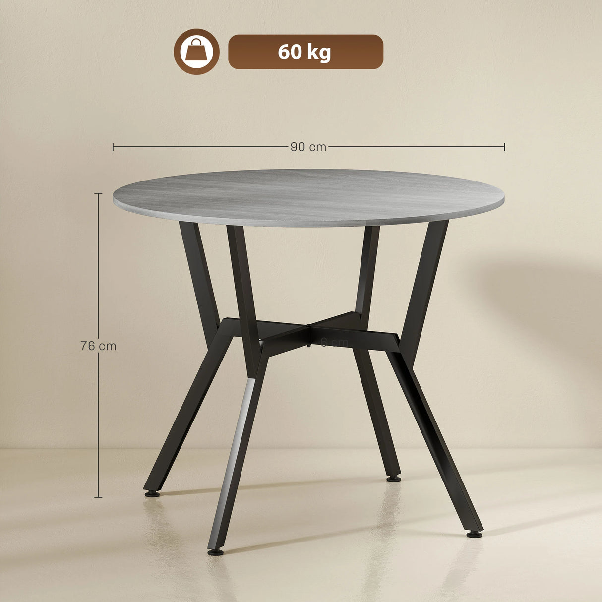 HOMCOM Dining Table, Round Kitchen Table with Black Legs, Anti-slip Foot Pads for Living Room, Dining Room 90 x 76 cm, Grey