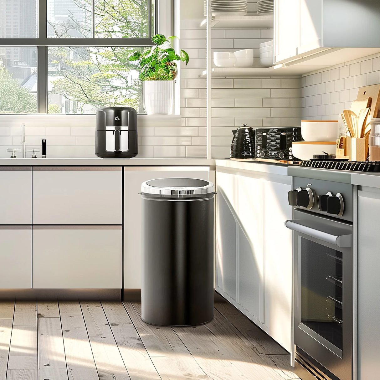 HOMCOM 42L Sensor Bin for Kitchen Waste Automatic Dustbin Motion Detection Dustbin Stainless Steel Rubbish Can with Bucket, Black