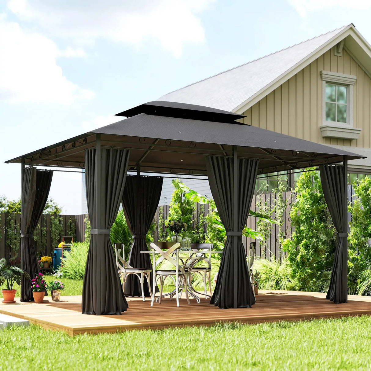Outsunny 3 x 4m Steel Gazebo, with Curtains - Black