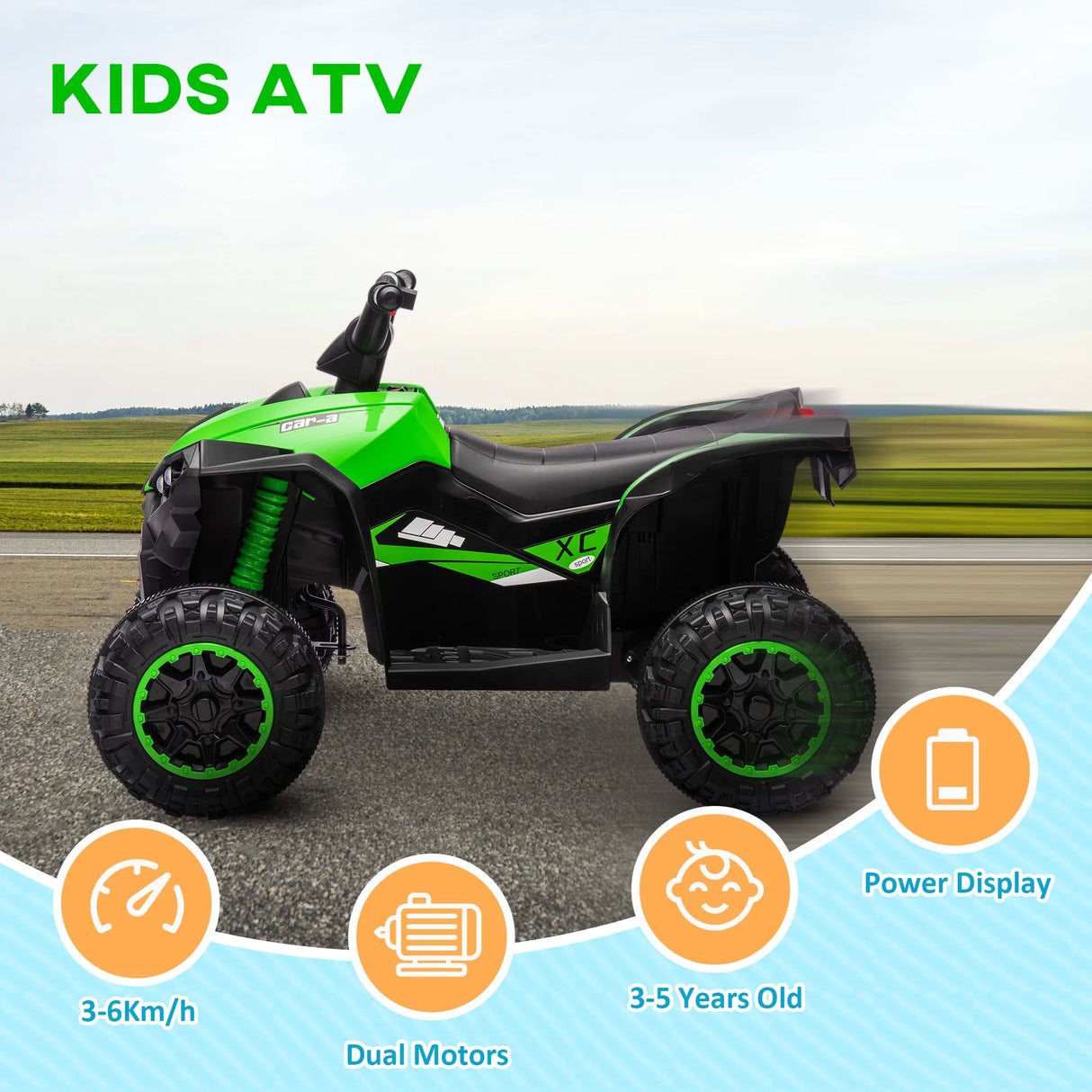 HOMCOM 12V Ride-On Quad Bike, with Music, Horn, LED Lights, for Ages 3-5 Years, Green