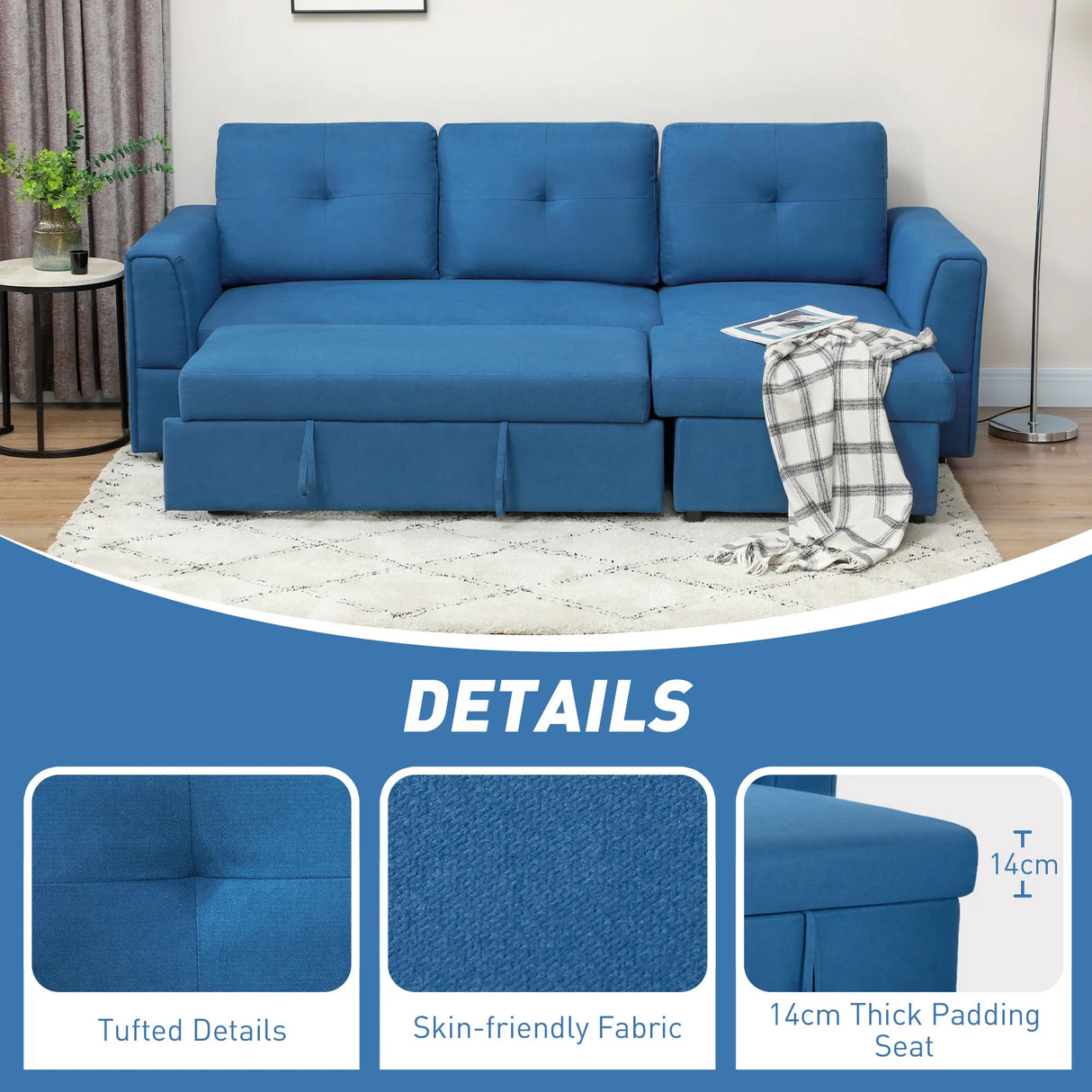 HOMCOM 3 Seater Sofa Bed, L Shaped Pull Out Sofa Bed with Storage, Convertible Click Clack Settee Sectional Sleeper Futon for Living Room, Office, Dark Blue