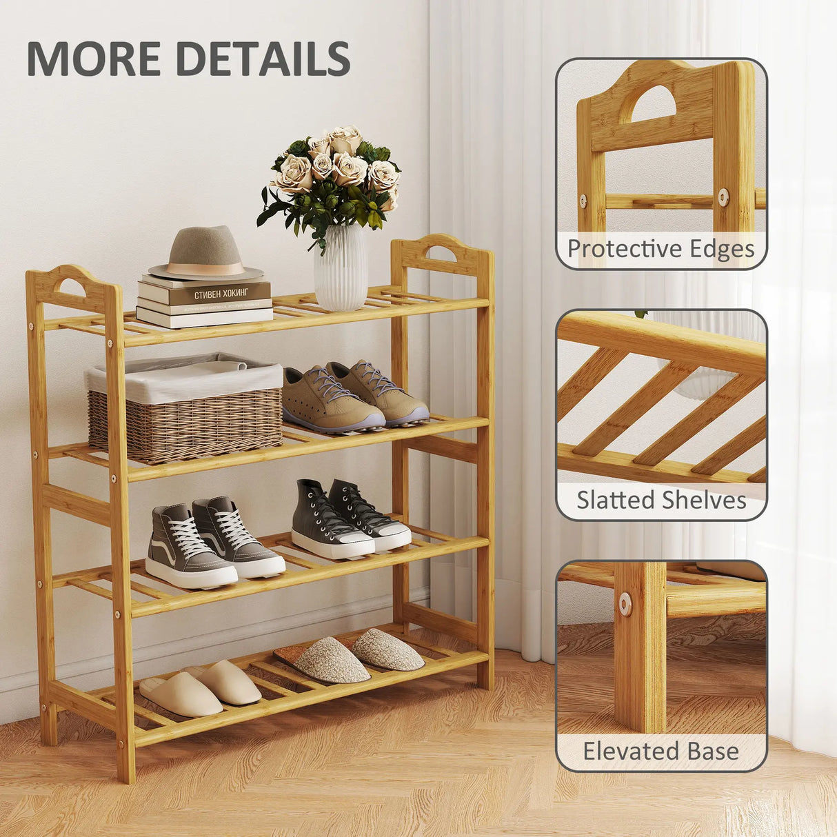 HOMCOM Freestanding Bamboo Shoe Rack, 4-Tier Shoe Shelf Stand for Hallway, Living Room, Bedroom, Natural Wood Finish