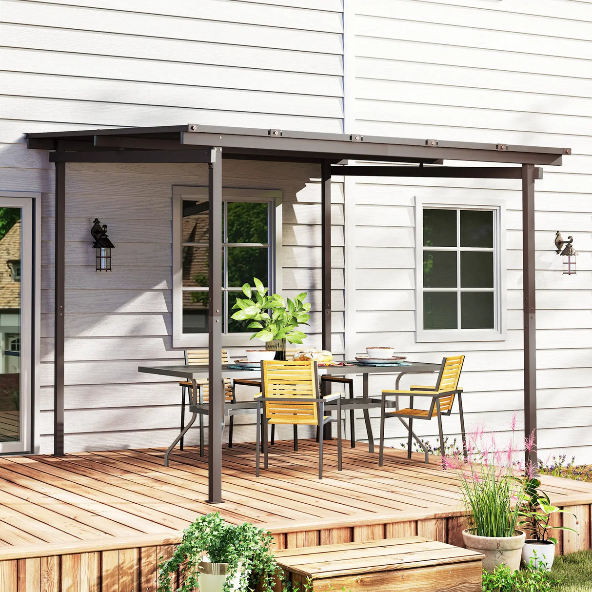 Outsunny 3 x 3(m) Garden Pergola with Waterproof Metal Roof, Lean to Pergola Hardtop Gazebo, Wind-resistant Outdoor Sun Shade, Easy to Assemble