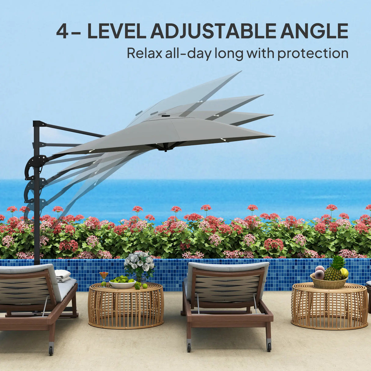 Outsunny 3(m) Cantilever Garden Parasol with Solar Powered Lights, Crank Handle & Cross Base, UPF 50+, 360 Rotation, Dark Grey