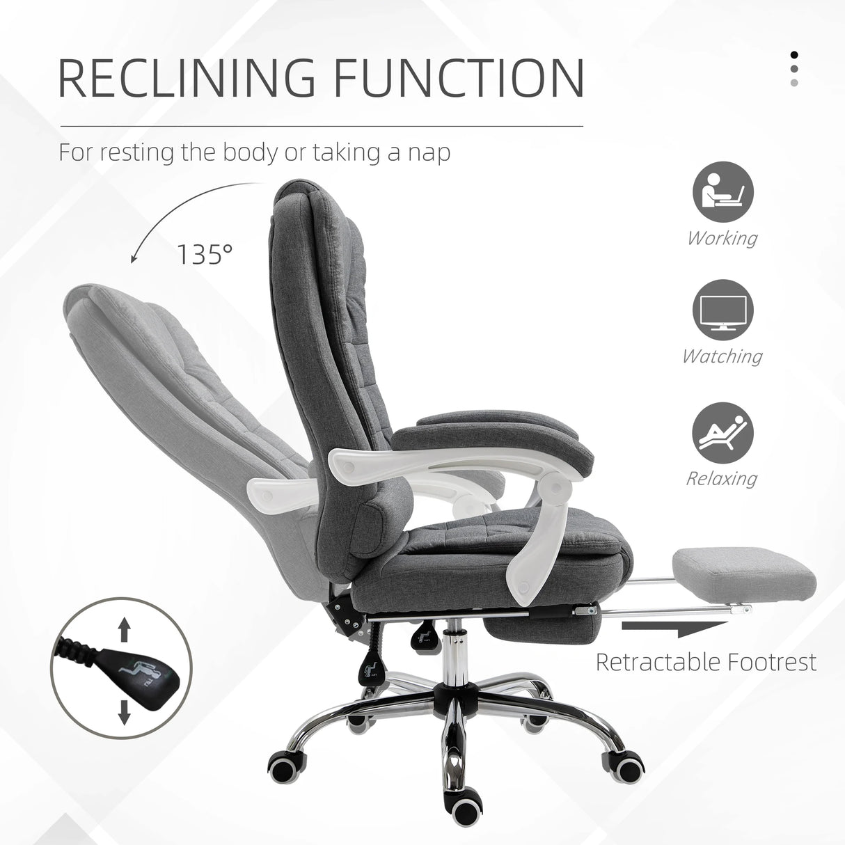 Vinsetto Office Chair, Computer Desk Chair, Linen Fabric Swivel Rolling Task Chair with Large Soft Padded Cushion, 135 Reclining Backrest and Retractable Footrest, Grey
