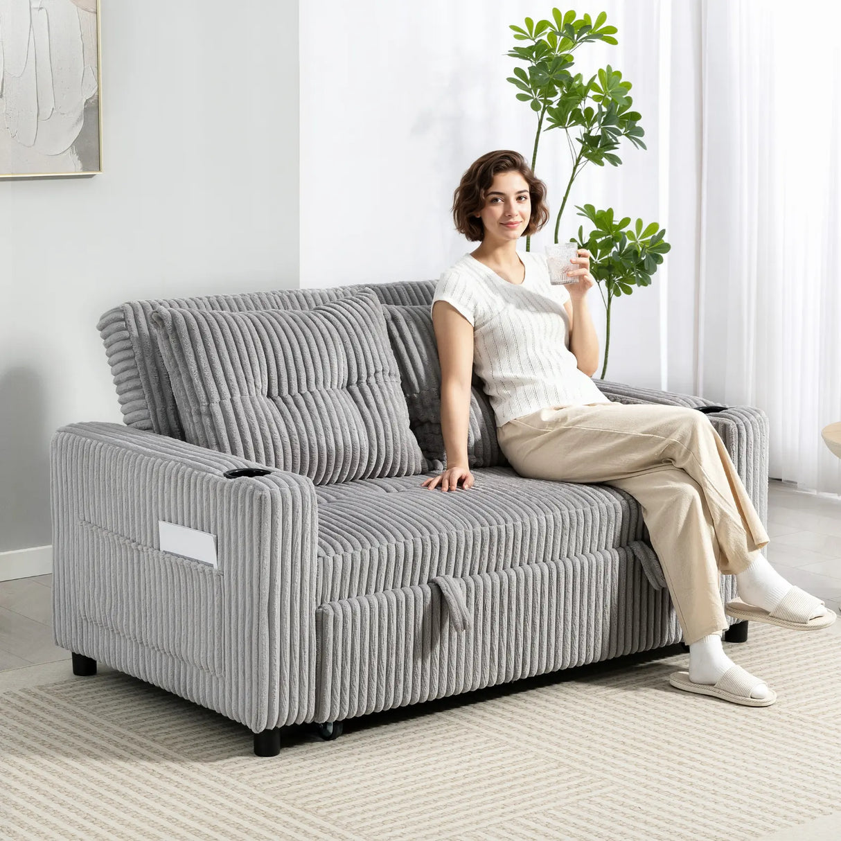 HOMCOM 2 Seater Click Clack Sofa Bed with Pull Out Design, Corduroy Upholstery - Light Grey