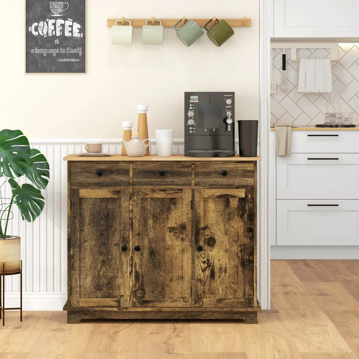 HOMCOM Sideboard with Rubberwood Top and Adjustable Shelves for Dining Room, Kitchen - Rustic Brown