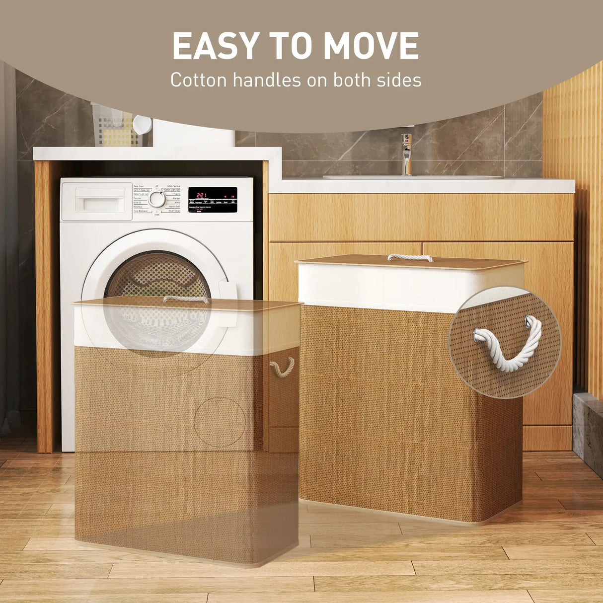 HOMCOM Double Laundry Basket with Lid, 100L Bamboo Laundry Hamper with Rope Handles, Washing Basket with Removable Liner for Bathroom, Bedroom, Brown