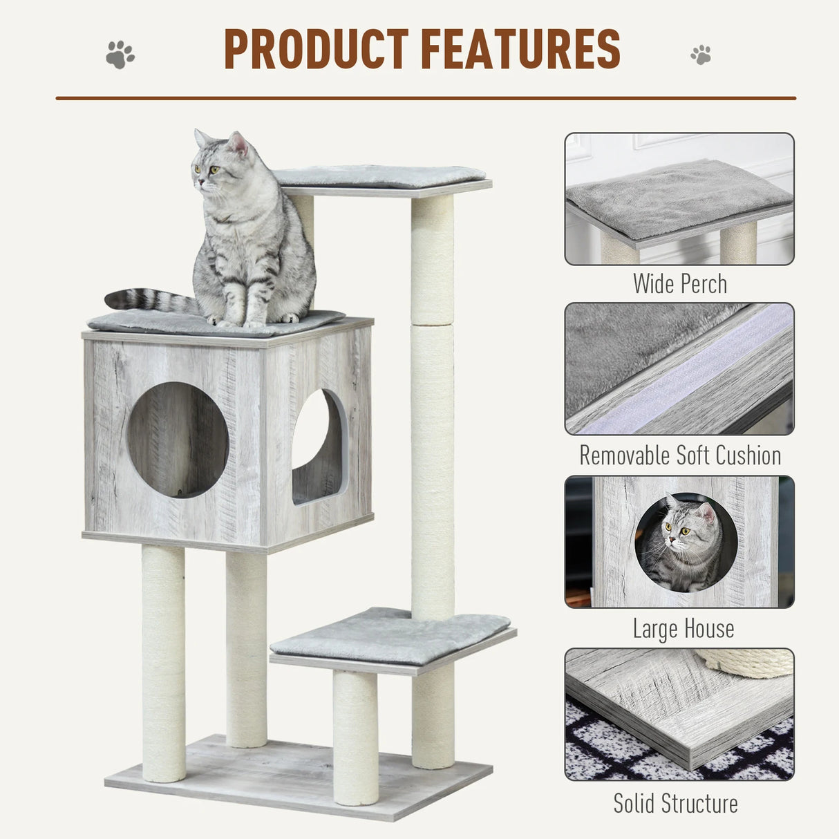 PawHut Cat Tree for Indoor Large Cats 113cm Kitten Tower Condo Jute Scratching Post Kitten Play House Activity Center Furniture