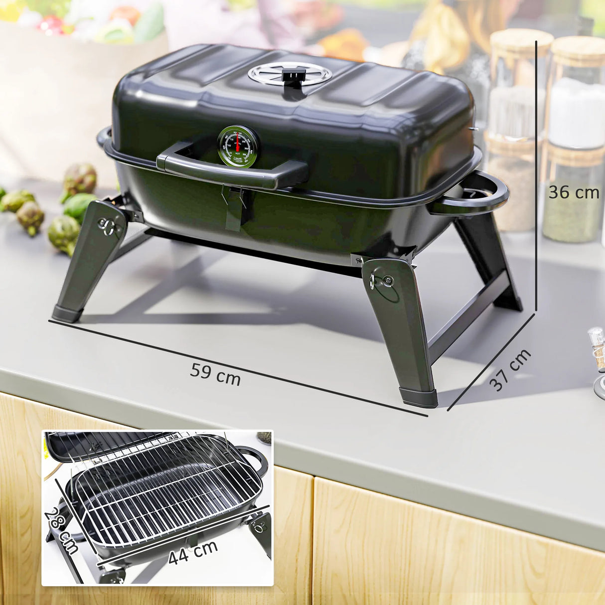 Outsunny Charcoal Barbecue Grill Folding BBQ Grill with 1232 cm2 Cooking Area, Adjustable Vent, Thermometer, Handles for Camping Picnic, Black