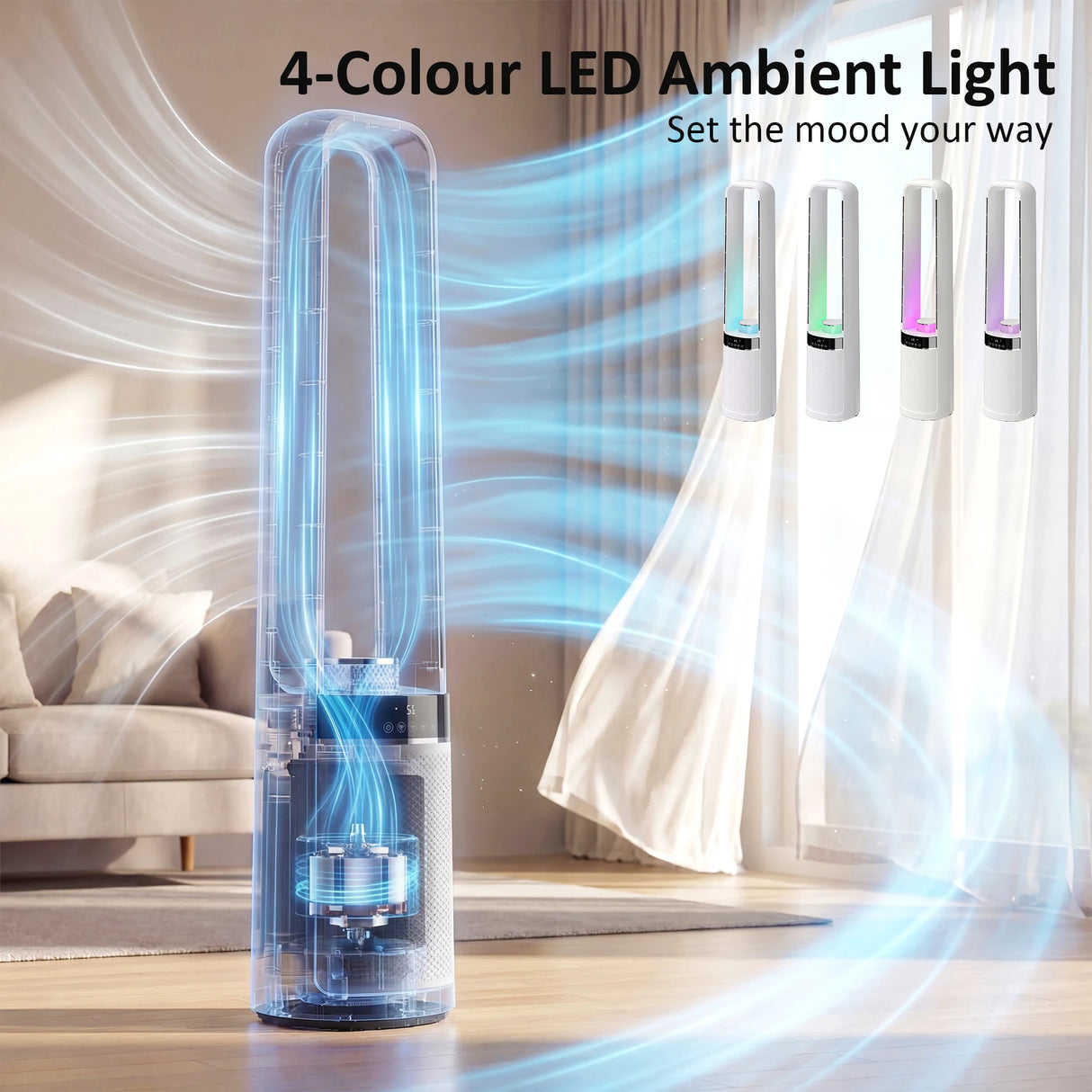 HOMCOM Bladeless Tower Fan, 36dB Standing Cooling Fan with Oscillating, LED Lights, 3 Speeds, 12H Timer, Remote Control