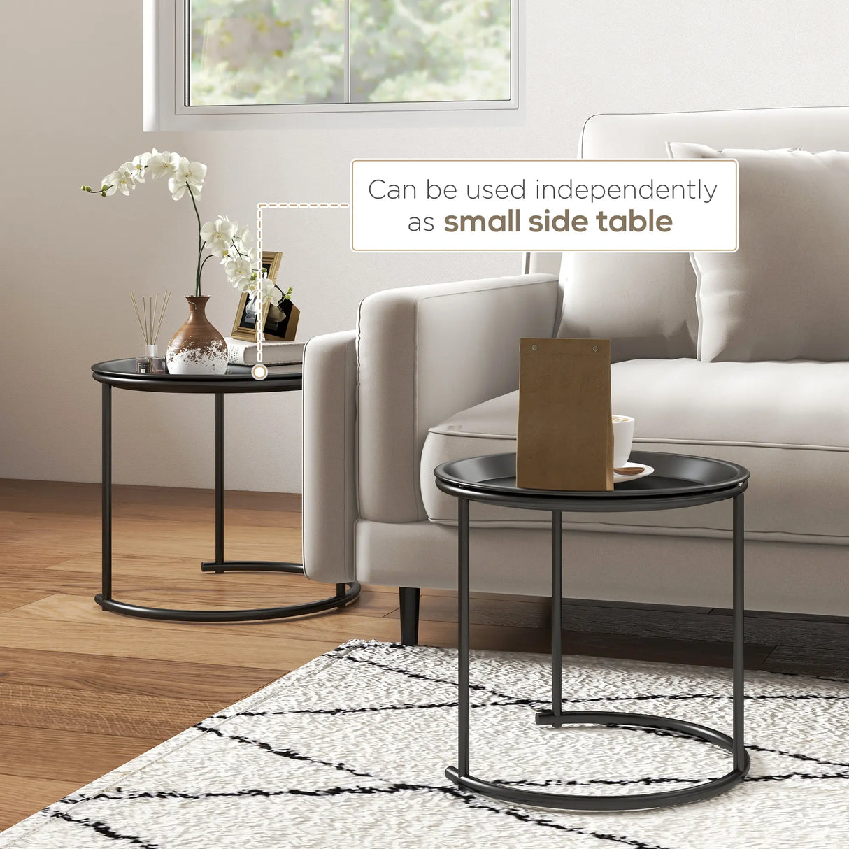 HOMCOM Nesting Tables Set of 2, Side End Table with Removable Tabletop Tray and Steel Frame for Living Room, Bedroom, Black