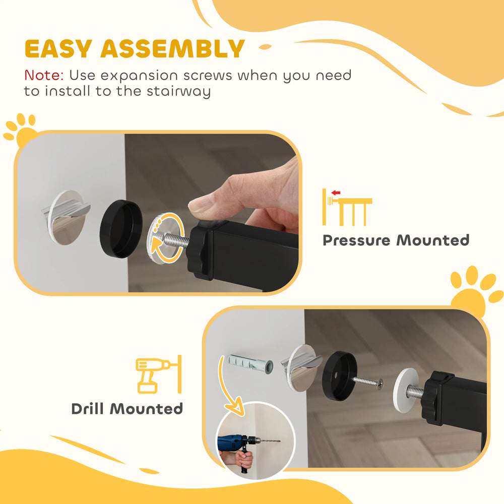 PawHut Dog Gate Pet Safety Gate Stair Barrier Pressure Fit Adjustable 76-82/86-97/101-107 cm, Black