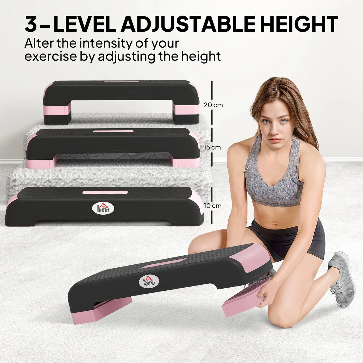 HOMCOM Aerobic Step with 3-Level Adjustable Heights for Home, Office Exercise, Black and Pink