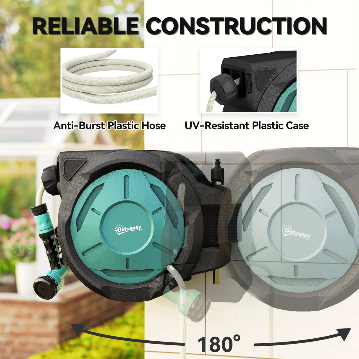 Outsunny Retractable Hose Reel Wall Mounted, 20+2m Garden Hose Pipe Reel with Lock, Auto Rewind, 7 in 1 Spray Nozzle, Includes Wall Fixings, 180 Swivel, Outdoor Watering, 54 x 20 x 39 cm, Black