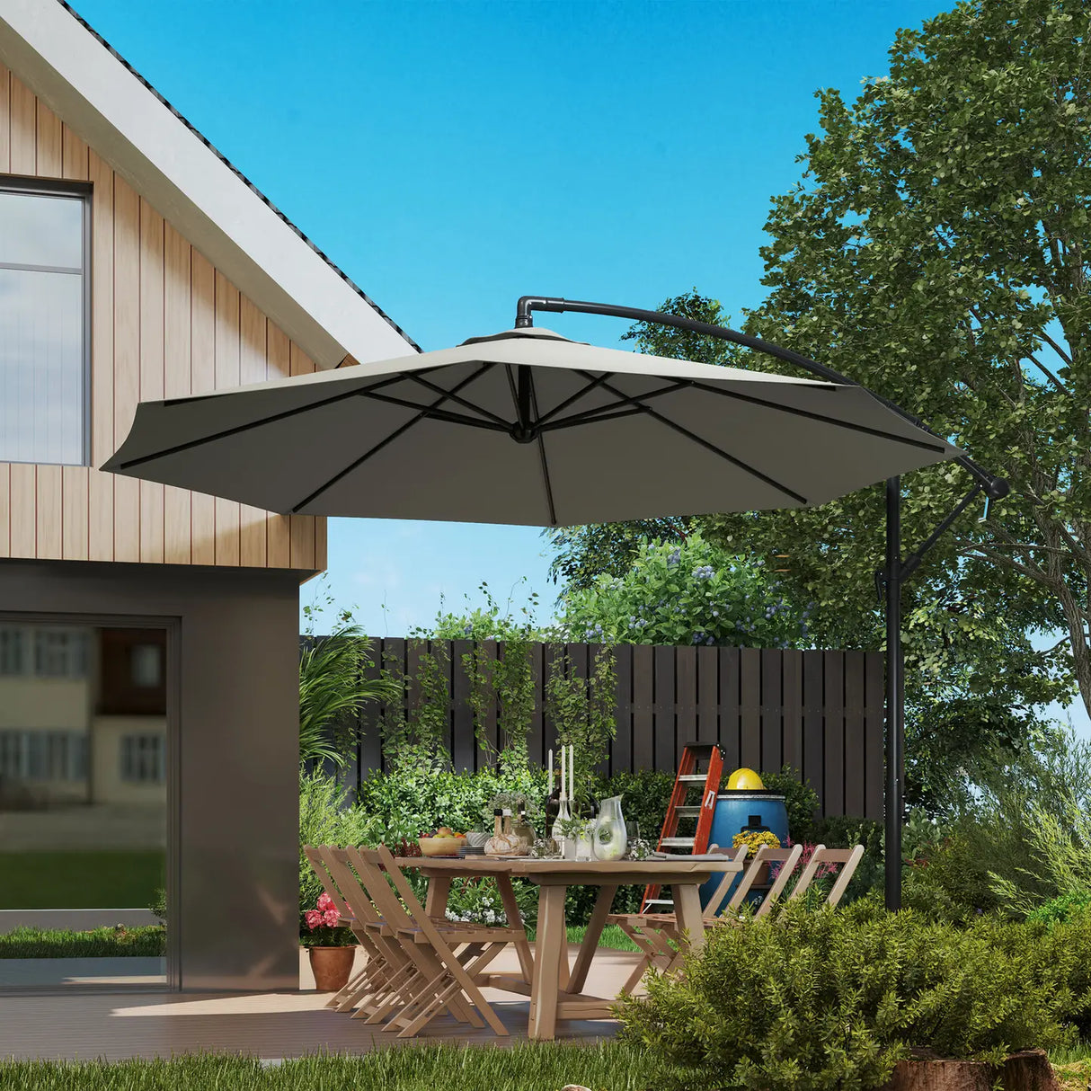 Outsunny 3m Overhanging Cantilever Parasol, with Cross Base - Light Grey