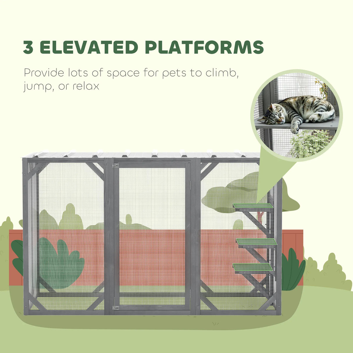 PawHut 71" Outdoor Wooden Cat House with Three Platforms, Large Door, Water-Resistant Roof, for Multiple Cats, Grey