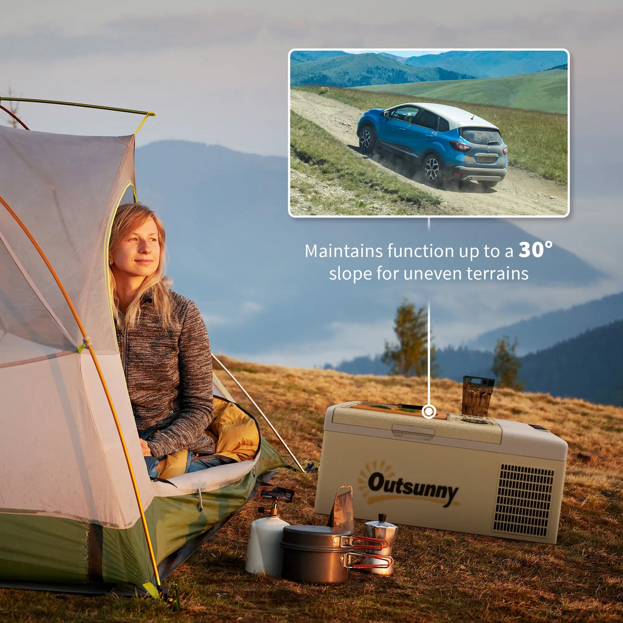 Outsunny 16L Portable Car Fridge, -20 to 10 Adjustable Temperature - Khaki/Grey