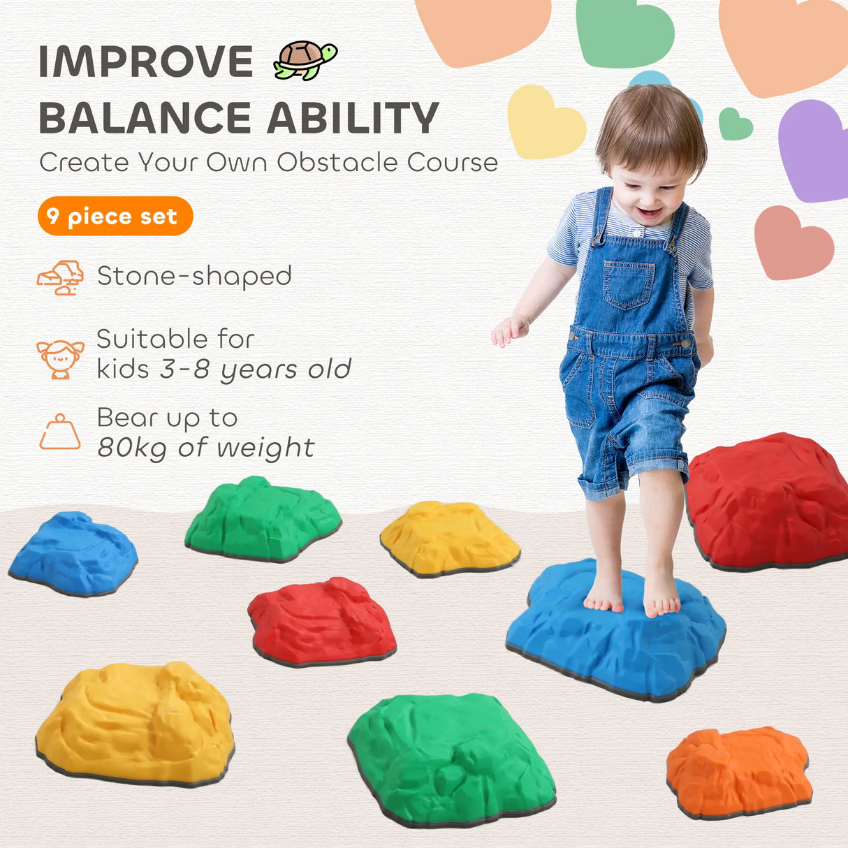 AIYAPLAY Balance Stepping Stones for Kids with Non-Slip Bottom, Indoor Outdoor Obstacle Course for Ages 3-8 Years, Multicoloured