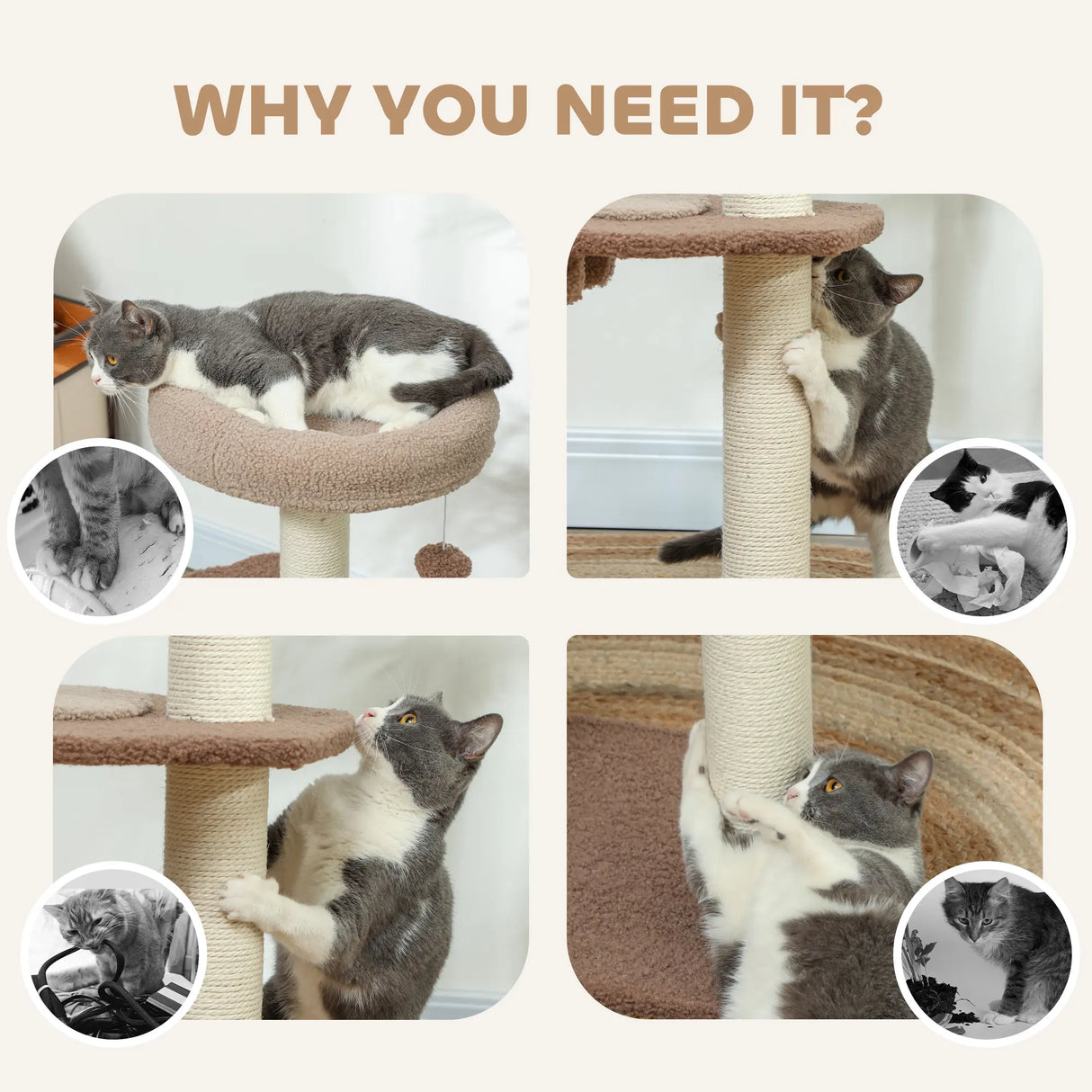 PawHut Cat Tree for Indoor Cats, 88cm Cat Tower with Sisal Scratching Post, Hanging Ball, Large Cat Perch, Stairs, Brown