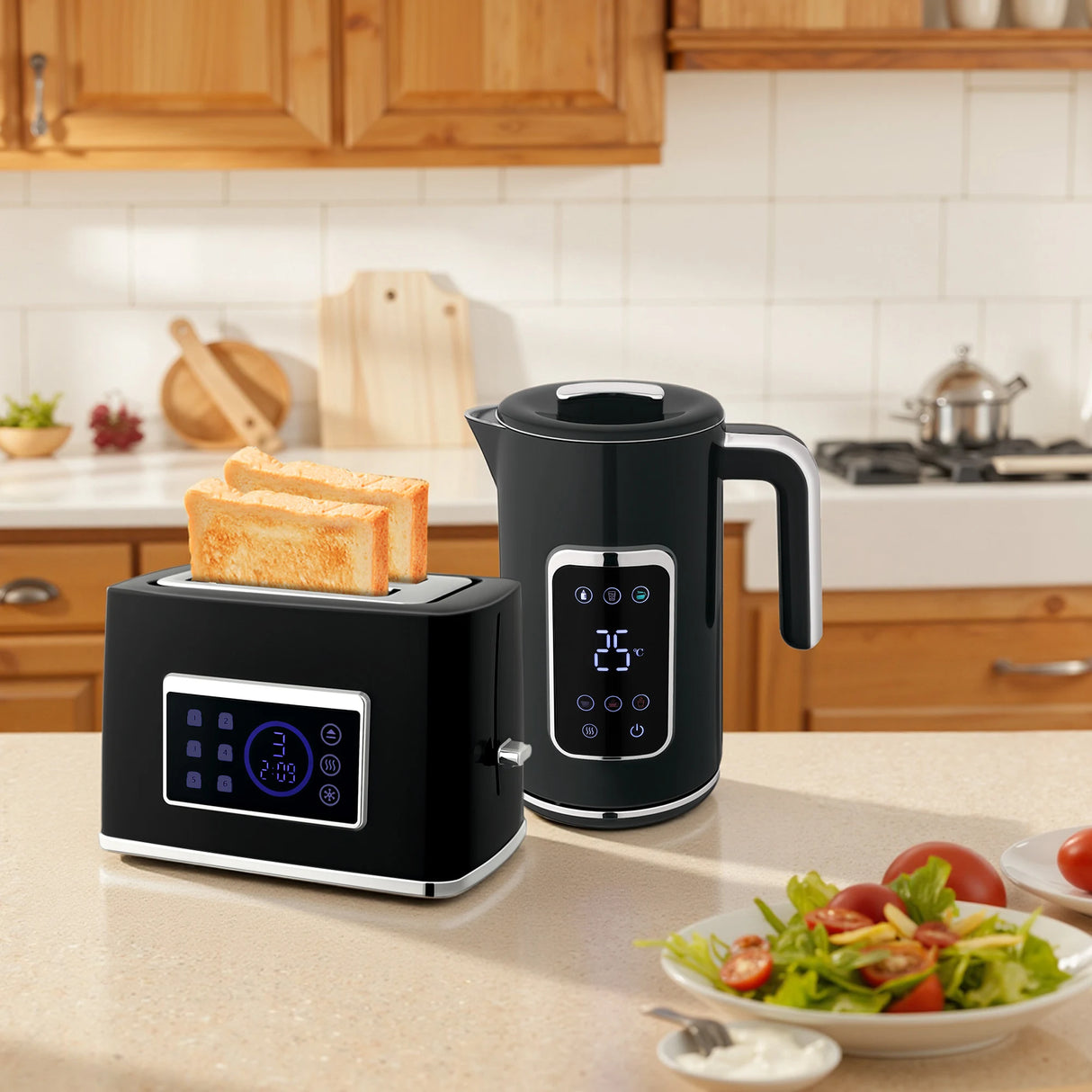 HOMCOM Touch Screen Kettle and Toaster Set - Black
