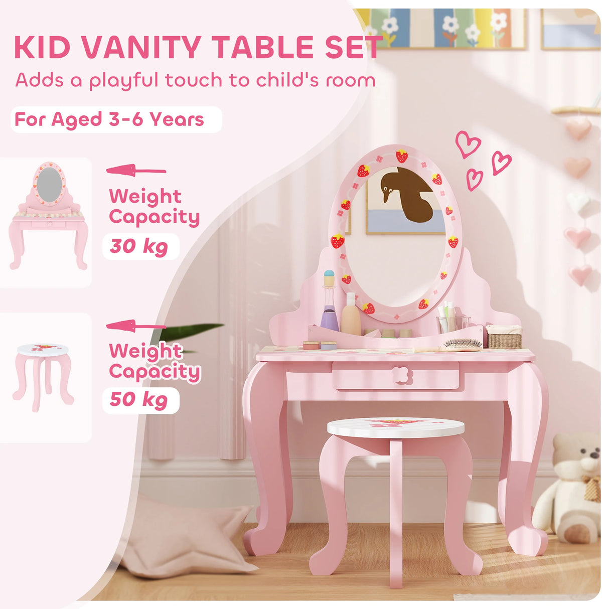 AIYAPLAY Kids Dressing Table Set, Vanity Table with Stool, Mirror, Drawer, Desktop, Storage, Strawberry-Theme, Pink