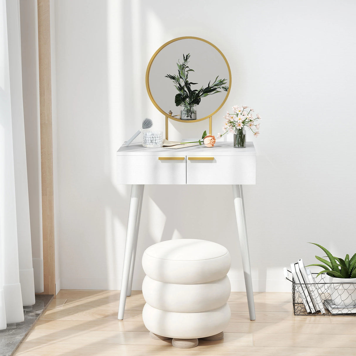 HOMCOM Elegant Dressing Table, with Round Mirror, 60 x 40 x 123 cm - White