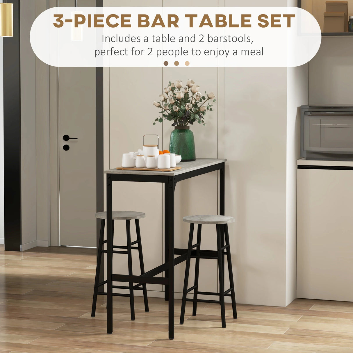 HOMCOM 3 Piece Bar Table Set with 2 Stools, Industrial Bar Table and Stool Set, Dining Table and Chair Set, Grey