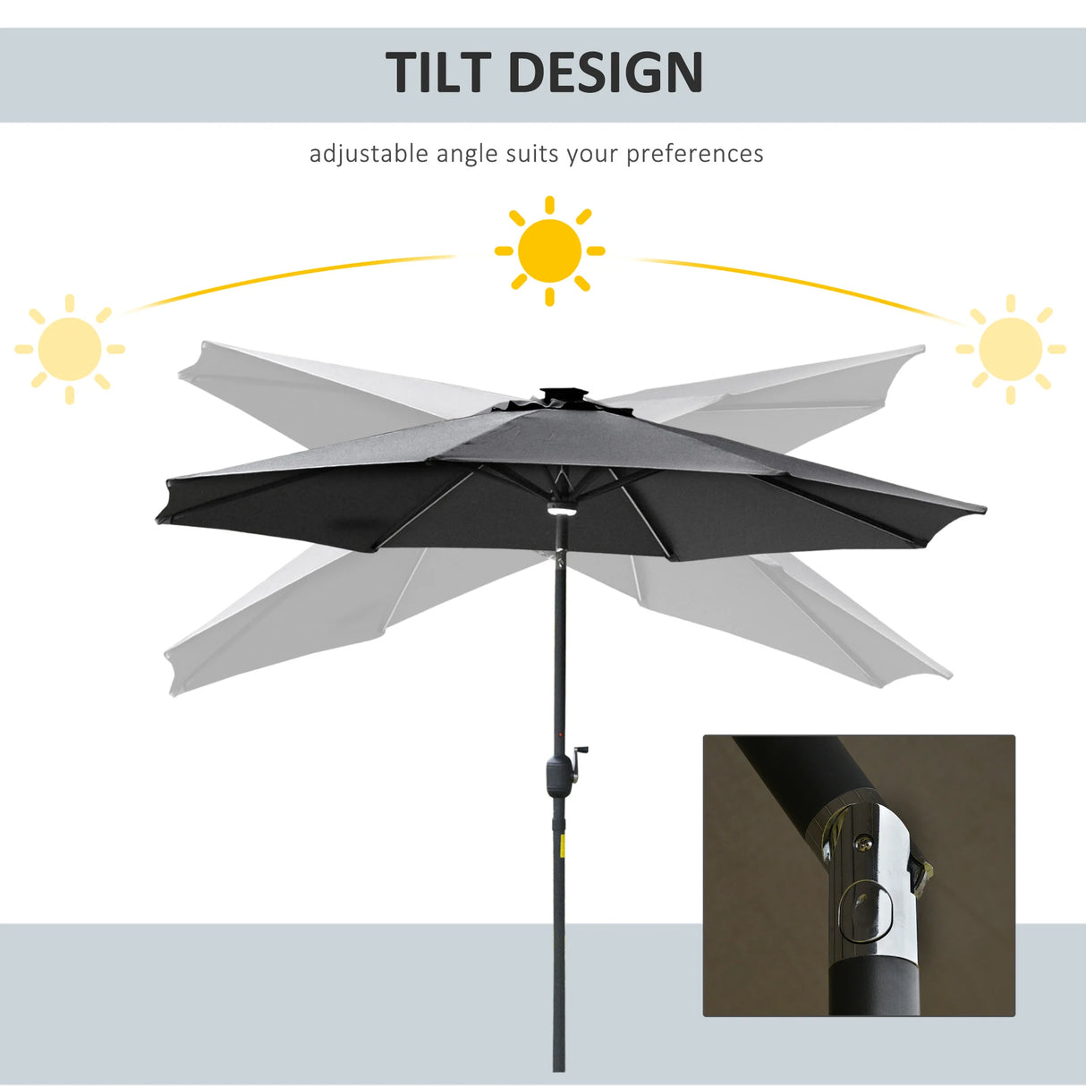 Outsunny 2.7m Garden Parasol Sun Umbrella w/ LED Solar Light Angled Canopy Grey