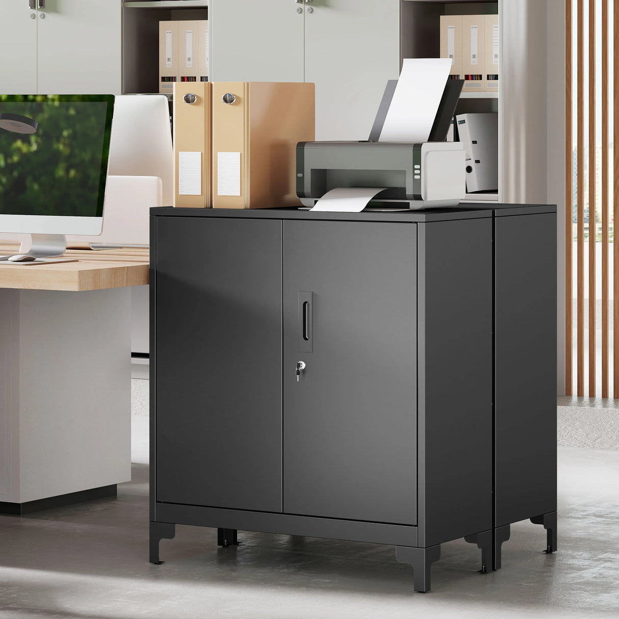 HOMCOM Lockable Metal Filing Cabinet, 2-Tier Storage Cupboard with Double Doors, Modern Office Organiser, Black