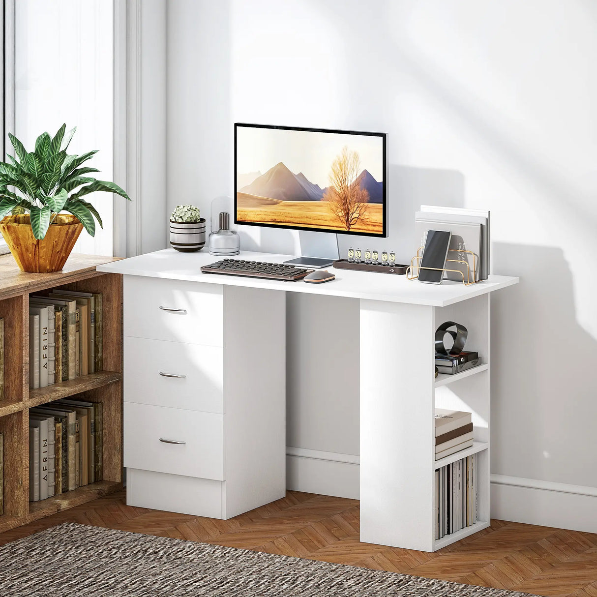 HOMCOM Computer Desk, Writing Table, PC Workstation with 3 Storage Shelves and Drawers, Silver Handle, for Home Office, White