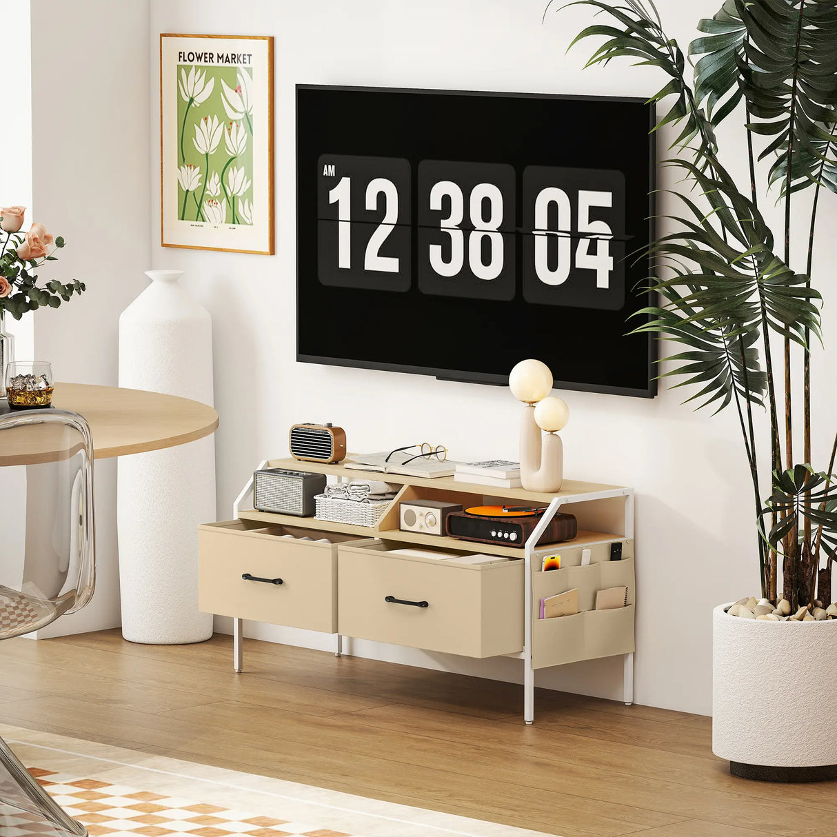 HOMCOM TV Stand Cabinet, TV Unit for 55-inch TVs with 2 Foldable Fabric Drawers, 5 Divided Side Pockets, Open Shelves, Console Table for Living Room, Bedroom, Entertainment Room, Natural Wood Finish